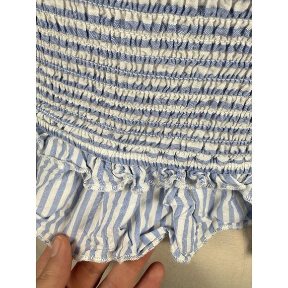 Blue And White Stripped Cottage Core Preppy Stretch Peasant Top - Picture 3 of 3